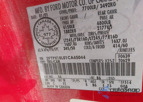 2001 Ford F-150 Lariat/Xl/Xlt from USA, damaged, VIN 2FTPX18L01CA45044